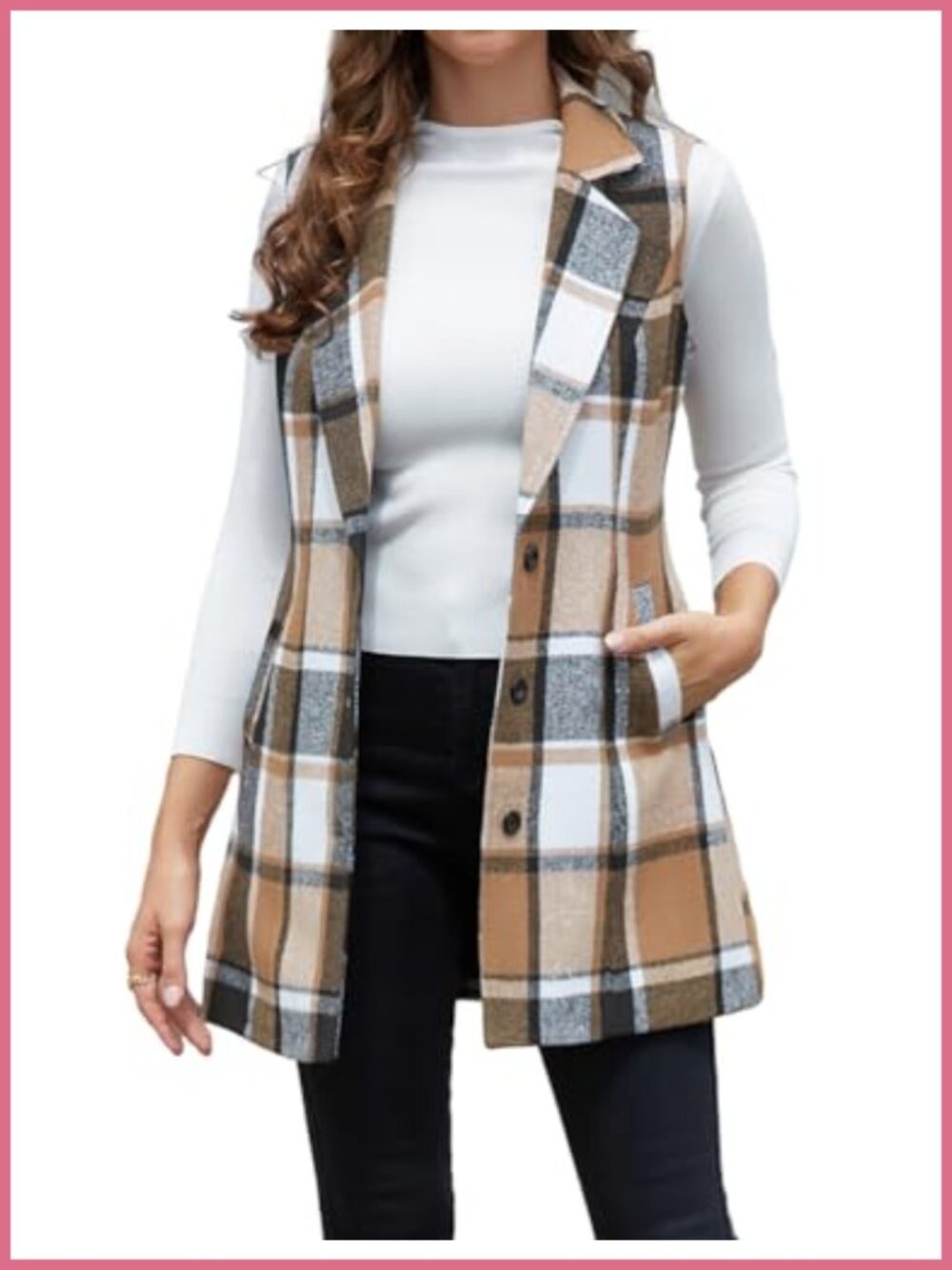 Wool Plaid Sleeveless Vest Notch Lapel Longline Casual Fall Winter Cardigan